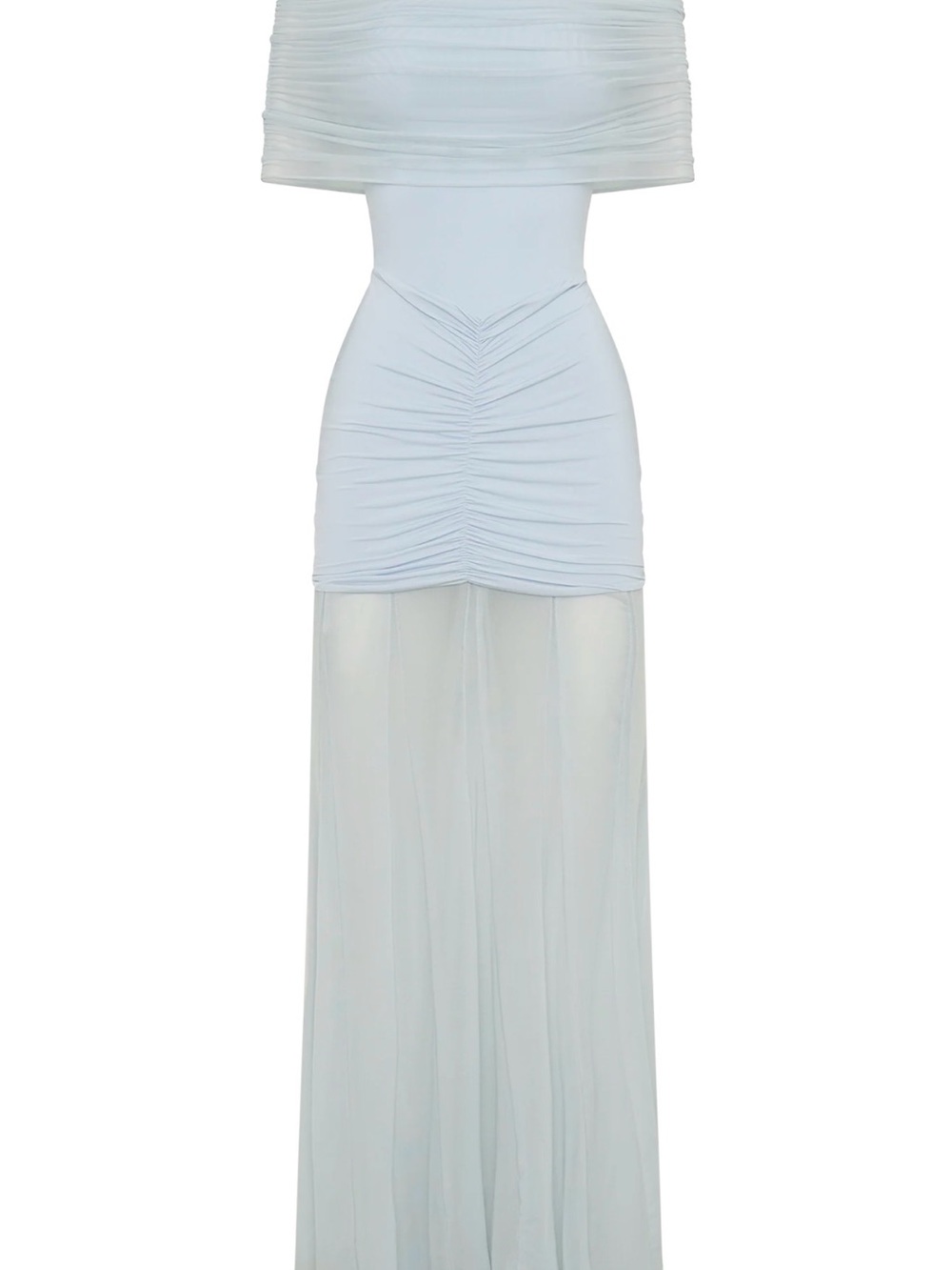 Meshki Off-Shoulder Pale Blue Ruched Mesh Gown - Picture 3 of 6